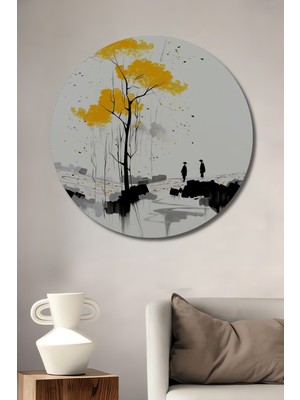 Teona Ahşap Sarı Ağaç ve Yürüyen Iki Silüet Yağlı Boya Görünümlü Dekoratif Ahşap Tablo Yuvarlak Duvar Tablosu