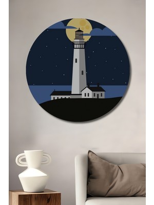 Teona Ahşap Yıldızlı Gece Deniz Feneri Sanat Tablosu  Yuvarlak Duvar Tablosu