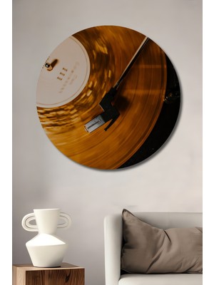 Teona Ahşap Müzik Esintili Turuncu Vinyl Tablo Dekoratif Ahşap Baskı Yuvarlak Duvar Tablosu