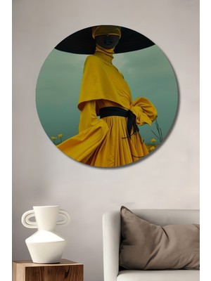 Teona Ahşap Sarı Giysili Gızemlı Kadın Yağlı Boya Görünümlü Ahşap Tablo Yuvarlak Duvar Tablosu