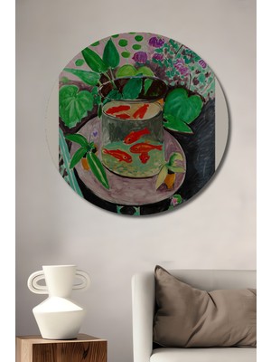 Teona Ahşap Altın Balık Yağlı Boya Görünümlü Modern Sanat Ahşap Dekoratif Tablo Yuvarlak Duvar Tablosu