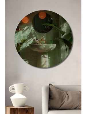 Teona Ahşap Yeşil Mozaik Banyo ve Turuncu Küre Lamba Görünümlü Ahşap Dekoratif Tablo Yuvarlak Duvar Tablosu