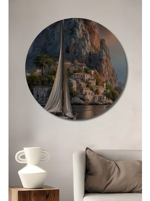 Teona Ahşap Yelkenli Tekne ve Sahil Kasabası Yağlı Boya Görünümlü Dekoratif Ahşap Tablo Yuvarlak Duvar Tablosu