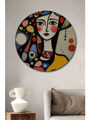 Teona Ahşap Renkli Soyut Kadın Portresi Yağlı Boya Görünümlü Ahşap Dekoratif Tablo Yuvarlak Duvar Tablosu