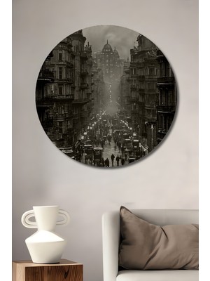Teona Ahşap Steampunk Hava Gemisi Şehir Manzarası Yağlı Boya Görünümlü Dekoratif Ahşap Tablo Yuvarlak Duvar Tablosu