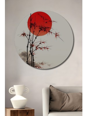 Teona Ahşap Kızıl Gün Batımı Bambu Sulu Boya Görünümlü Ahşap Dekoratif Tablo Yuvarlak Duvar Tablosu