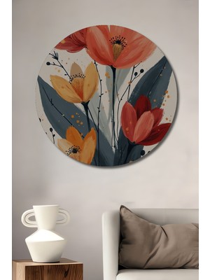 Teona Ahşap Canlı Çiçek Buketi Yağlı Boya Görünümlü Dekoratif Ahşap Tablo Yuvarlak Duvar Tablosu