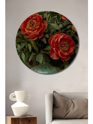 Teona Ahşap Canlı Şakayıklar Yağlı Boya Görünümlü Dekoratif Ahşap Tablo Yuvarlak Duvar Tablosu