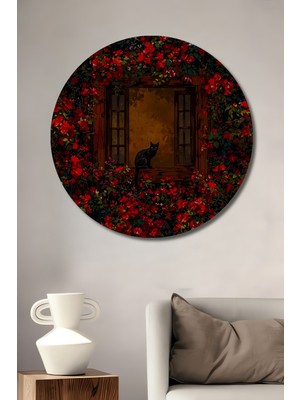 Teona Ahşap Gızemlı Kara Kedi Orman Penceresi Yağlı Boya Görünümlü Ahşap Dekoratif Tablo Yuvarlak Duvar Tablosu
