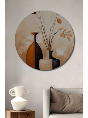 Teona Ahşap Minimalist Vazo Sanat Yağlı Boya Görünümlü Ahşap Dekoratif Tablo Yuvarlak Duvar Tablosu