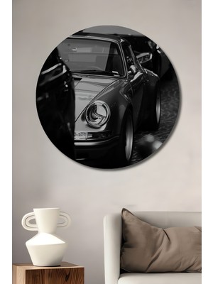 Teona Ahşap Siyah Beyaz Klasik Porsche Ahşap Dekoratif Tablo Yuvarlak Duvar Tablosu