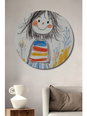 Teona Ahşap Çizgi Film Tarzı Kız Çocuk Tablosu Yuvarlak Duvar Tablosu