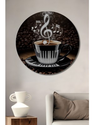 Teona Ahşap Müzikli Kahve Keyfi Yağlı Boya Görünümlü Dekoratif Ahşap Tablo Yuvarlak Duvar Tablosu