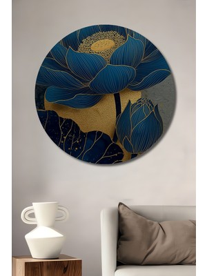 Teona Ahşap Mavi Altın Yapraklı Nilüfer Sanat Tablosu Yuvarlak Duvar Tablosu