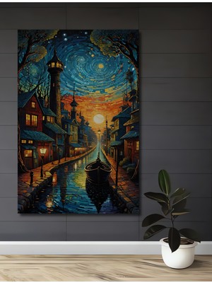 Teona Ahşap Van Gogh Esintili Kanallı Şehir Gece Sulu Boya Görünümlü Ahşap Dekoratif Ev,antre,salon,ofis Tablo