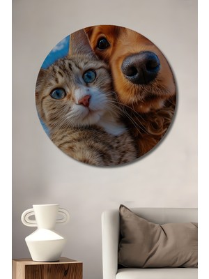 Teona Ahşap En Yakın Dostlar Yavru Kedi ve Köpek Yağlı Boya Görünümlü Ahşap Dekoratif Tablo Yuvarlak Duvar Tablosu