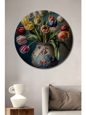 Teona Ahşap Büyülü Vazo Lale Yağlıboya Görünümlü Dekoratif Ahşap Tablo Yuvarlak Duvar Tablosu