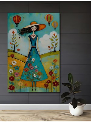 Teona Ahşap Bohem Sanatçı Kadın ve Sıcak Hava Balonu Yağlı Boya Görünümlü Dekoratif Ahşap Ev,antre,salon Tablo
