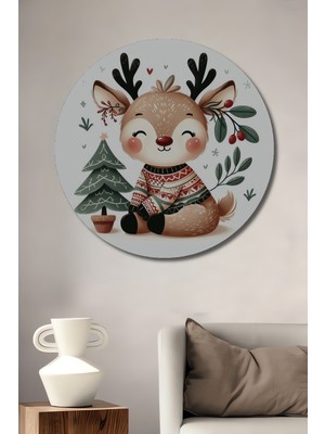 Teona Ahşap Şirin Geyik Karakterli Noel Ağacı Desenli Ahşap Dekoratif Tablo Yuvarlak Duvar Tablosu