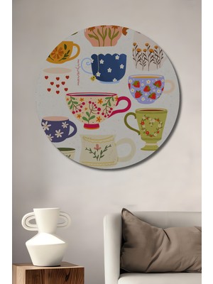 Teona Ahşap Kır Düğünü Çay Fincanları Yağlı Boya Görünümlü Ahşap Dekoratif Tablo Yuvarlak Duvar Tablosu