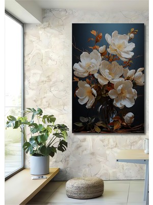 Teona Ahşap Beyaz Çiçek Buketi Yağlı Boya Görünümlü Ahşap Dekoratif Ev,antre,ofis,mutfak,yatak Odası Tablo