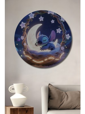 Teona Ahşap Sevimli Stitch Ay Işığında Uyuyor Ahşap Dekoratif Tablo Yuvarlak Duvar Tablosu