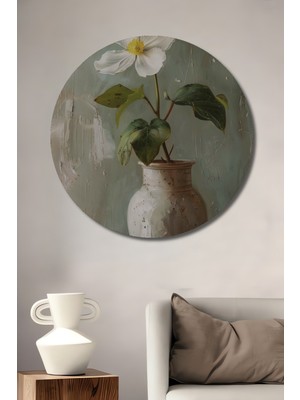 Teona Ahşap Beyaz Çiçekli Vazo Yağlı Boya Görünümlü Dekoratif Ahşap Tablo Yuvarlak Duvar Tablosu