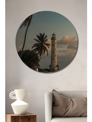 Teona Ahşap Sahil Feneri Manzaralı Yağlı Boya Görünümlü Ahşap Tablo Yuvarlak Duvar Tablosu