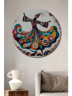 Teona Ahşap Semazen Dansı Desenli Yağlı Boya Görünümlü Modern Sanat Ahşap Dekoratif Tablo Yuvarlak Duvar Tablosu
