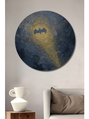 Teona Ahşap Yıldızlı Gece Batman Yağlı Boya Görünümlü Ahşap Dekoratif Tablo Yuvarlak Duvar Tablosu