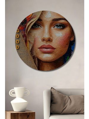 Teona Ahşap Bohem Tarzlı Yağlı Boya Görünümlü Kadın Portresi Ahşap Dekoratif Tablo Yuvarlak Duvar Tablosu