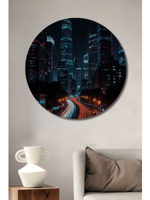 Teona Ahşap Neon Işıltılı Gece Şehri Yağlıboya Görünümlü Modern Sanat Ahşap Tablo Yuvarlak Duvar Tablosu