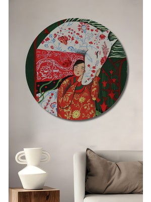 Teona Ahşap Kız ve At Sevgisi Sulu Boya Görünümlü Sanat Tablosu Yuvarlak Duvar Tablosu