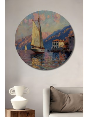 Teona Ahşap Güneş Işığında Yelkenli Manzarası Yağlı Boya Görünümlü Ahşap Dekoratif Tablo Yuvarlak Duvar Tablosu