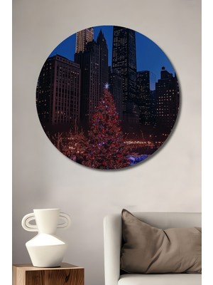 Teona Ahşap Chicago Işıltısı Noel Ağacı Paten Sanat Ahşap Dekoratif Tablo Yuvarlak Duvar Tablosu