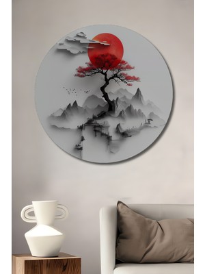 Teona Ahşap Kızıl Güneşin Yankısı Japon Dağları Sanat Tablosu Yuvarlak Duvar Tablosu