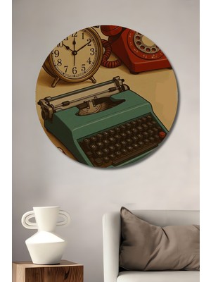 Teona Ahşap Retro Daktilo Telefon Çalar Saat Ahşap Dekoratif Tablo Yuvarlak Duvar Tablosu