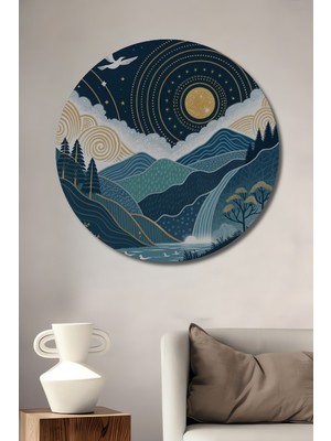 Teona Ahşap Gökyüzü ve Dağ Manzaralı Boho Soyut Sanat Görünümlü Ahşap Dekoratif Tablo Yuvarlak Duvar Tablosu