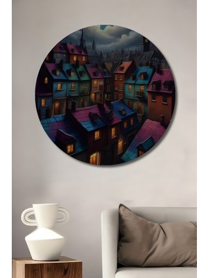 Teona Ahşap Büyülü Gece Şehri Yağlı Boya Görünümlü Ahşap Dekoratif Tablo Yuvarlak Duvar Tablosu