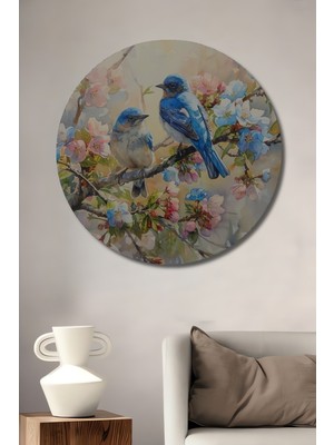 Teona Ahşap Mavi Kuşlar Çiçek Dalında Sulu Boya Görünümlü Dekoratif Ahşap Tablo Yuvarlak Duvar Tablosu