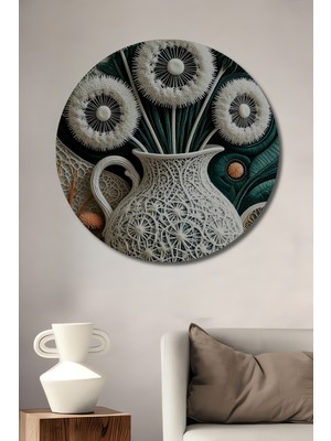 Teona Ahşap Beyaz Vazo Karahindiba Buketi Keçe Görünümlü Dekoratif Ahşap Tablo Yuvarlak Duvar Tablosu