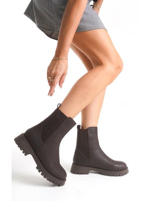 Luqse Kadın Acı Kahve ve Siyah Kalın Tabanlı Lastikli Chelsea Bot