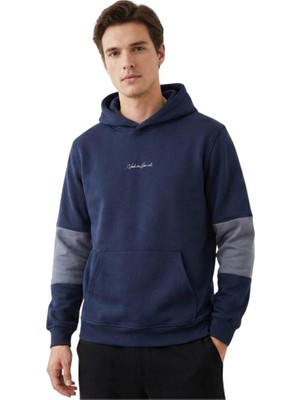 Trender Kapüşonlu Kol Parçalı Kanguru Cep 3 Iplik Erkek Sweat 5731 Indigo