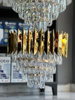 LED Yeni Model 40 cm Kristal Lüx Salon Avize Gold Renk