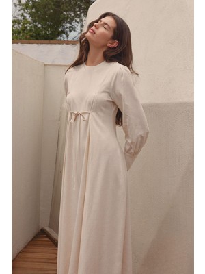Fahhar Ip Detaylı Keten Elbise Bej
