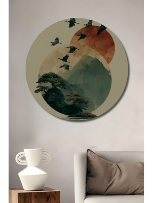 Teona Ahşap Sulu Boya Görünümlü Modern Sanat Leylek ve Dağ Manzarası Ahşap Dekoratif Tablo Yuvarlak Duvar Tablosu