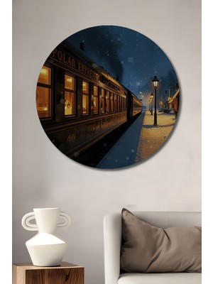 Teona Ahşap Polar Express Sulu Boya Görünümlü Ahşap Dekoratif Tablo Yuvarlak Duvar Tablosu
