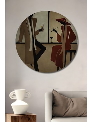 Teona Ahşap Art Deco Iki Figür Suluboya Görünümlü Dekoratif Ahşap Tablo Yuvarlak Duvar Tablosu