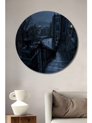 Teona Ahşap Gotik Katedral Merdiveni Yağlı Boya Görünümlü Ahşap Dekoratif Tablo Yuvarlak Duvar Tablosu