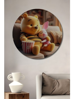 Teona Ahşap Winnie The Pooh ve Piglet Sulu Boya Görünümlü Ahşap Dekoratif Tablo Yuvarlak Duvar Tablosu
